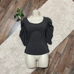 BB Dakota Steve Madden Medium Gray Ribbed Heather Puff Shoulder Pullover Top